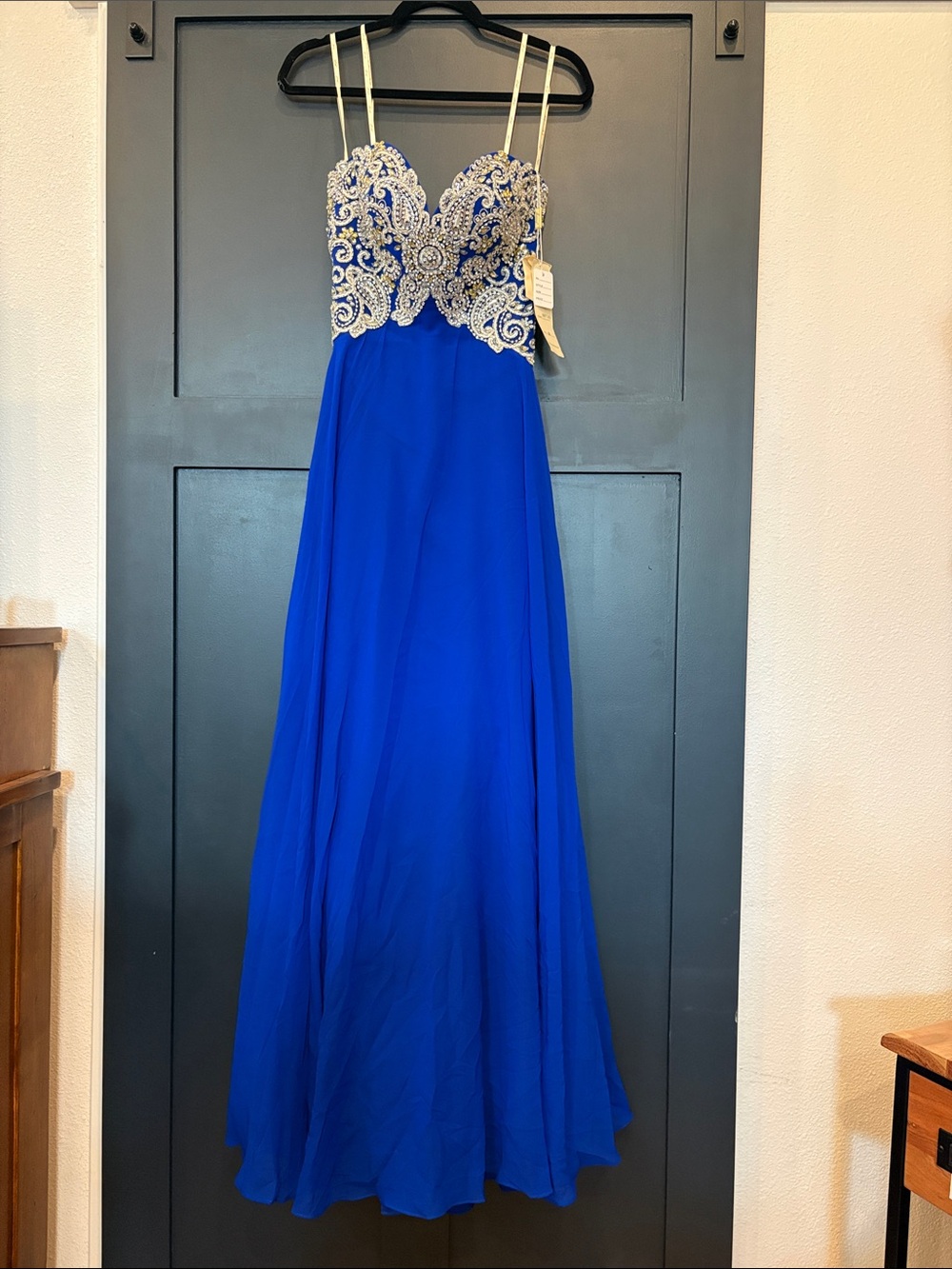 702. Jasz Embellished Royal Blue Prom Gown with removable straps